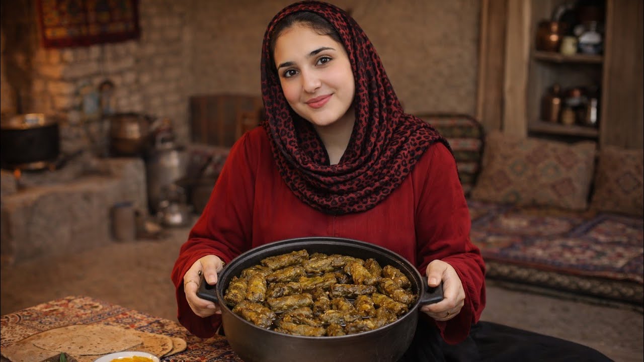 Rural Life in the Plains of Iran | Cooking Traditional Stuffed Grape Leaves with Fresh Garden Herbs