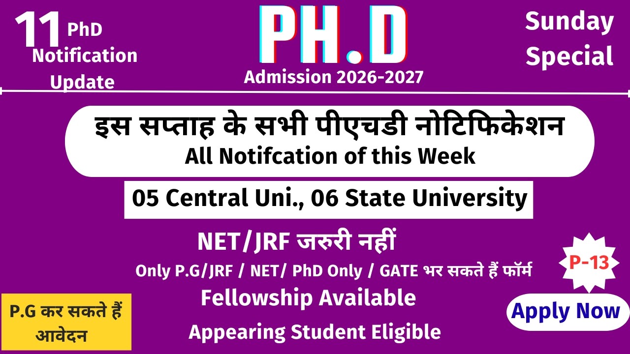 11 Ongoing PhD Admission Notifications 2026 | Latest PhD Entrance Updates in India | Apply Now