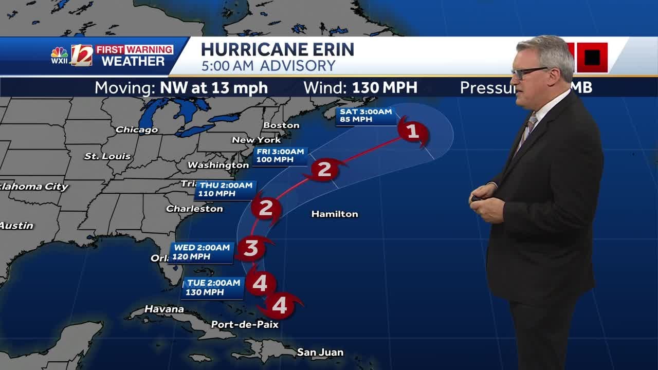 Hurricane Erin beginning to turn towards U.S., midweek impact to Carolina coast