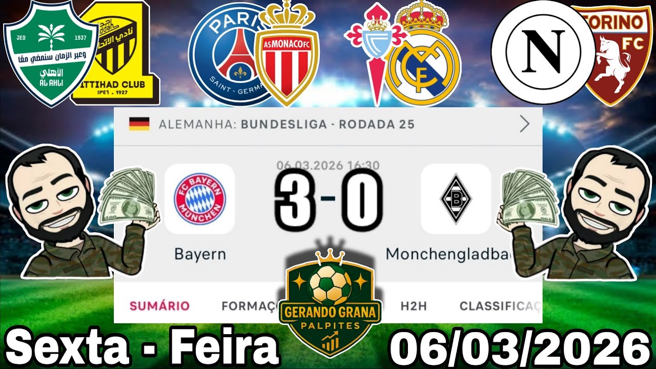 PALPITES DE FUTEBOL PARA HOJE 06 03 2026 SEXTA - FEIRA COM PLACARES EXATOS, BILHETE PRONTO + ZEBRA