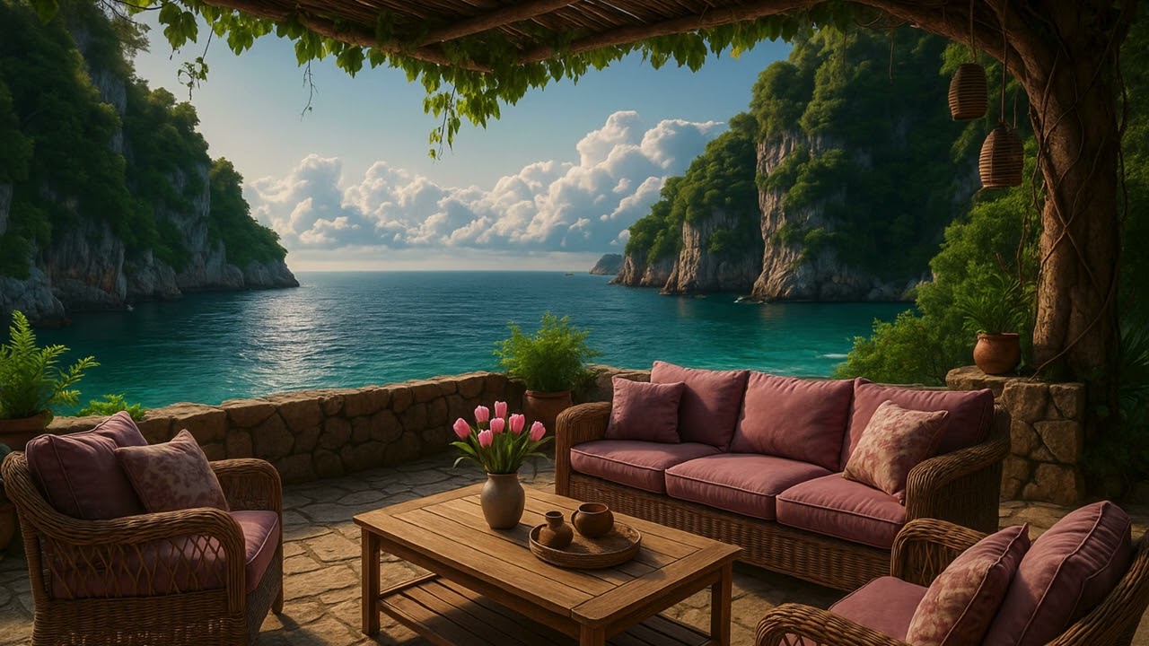 Seaside Escape Lofi | Mauve Patio Ambience with Ocean Waves 🌊🌸