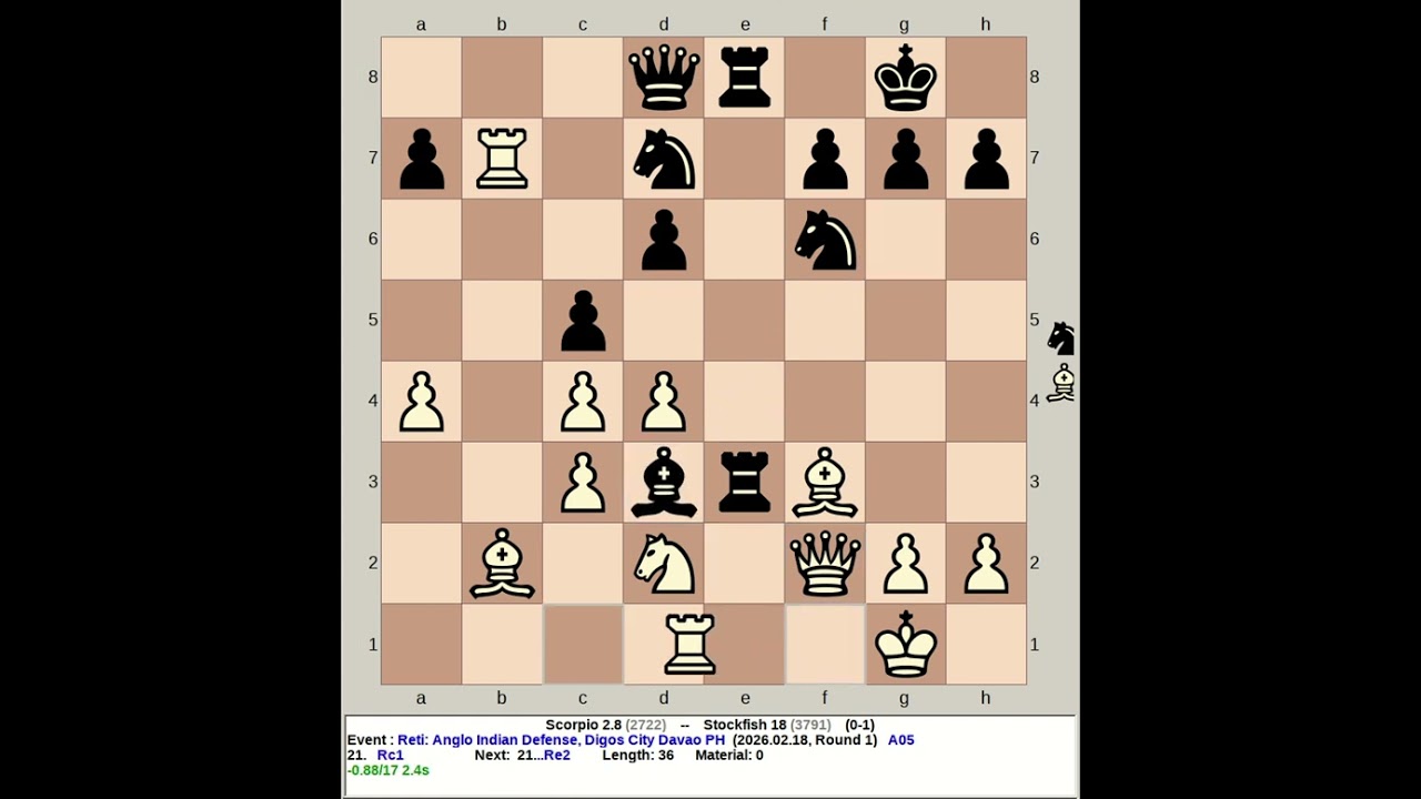 Scorpio 2.8 vs Stockfish 18 | Reti: Anglo Indian Defense #chess