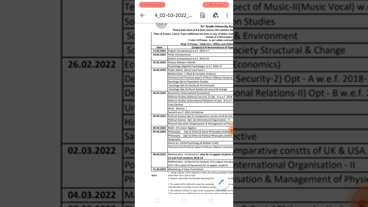 Date sheet B.A 6th Sem Reappear only Exam Feb 2022 MDU Rohtak