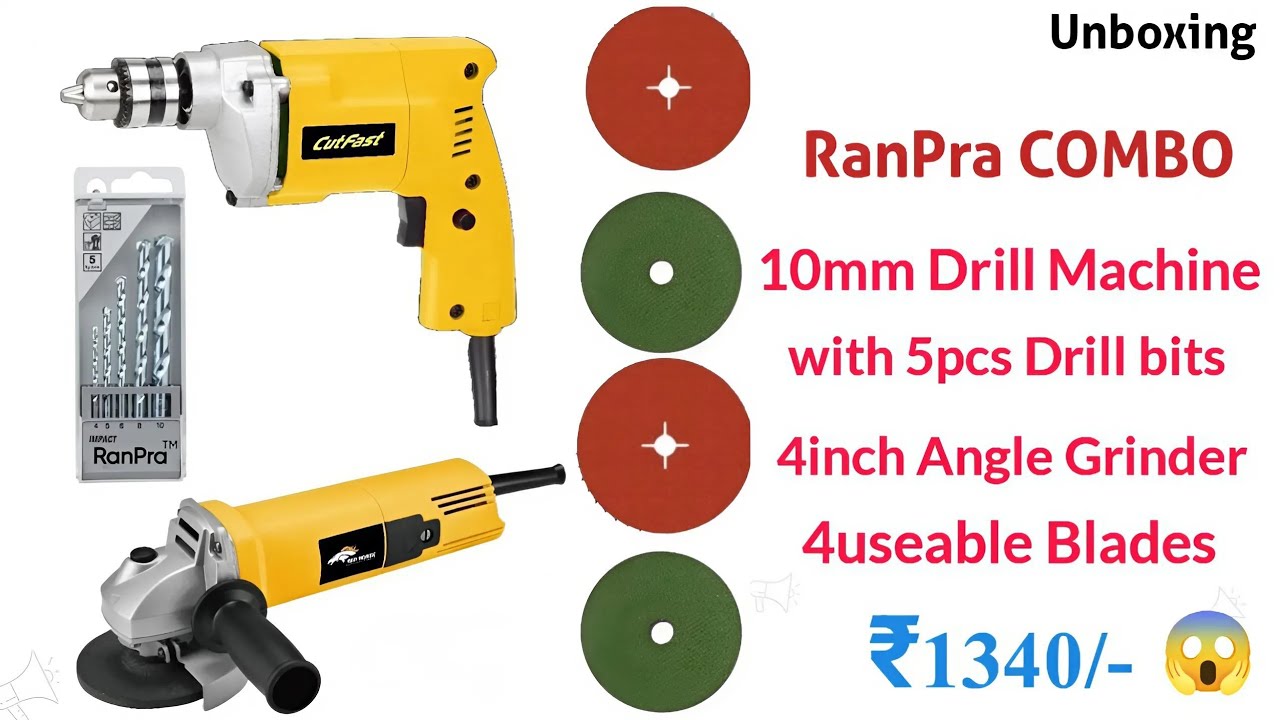 RanPra COMBO OF 10mm Drill Machine with 5pcs Drill bits and 4 inch Angle Grinder 4 usable Blades