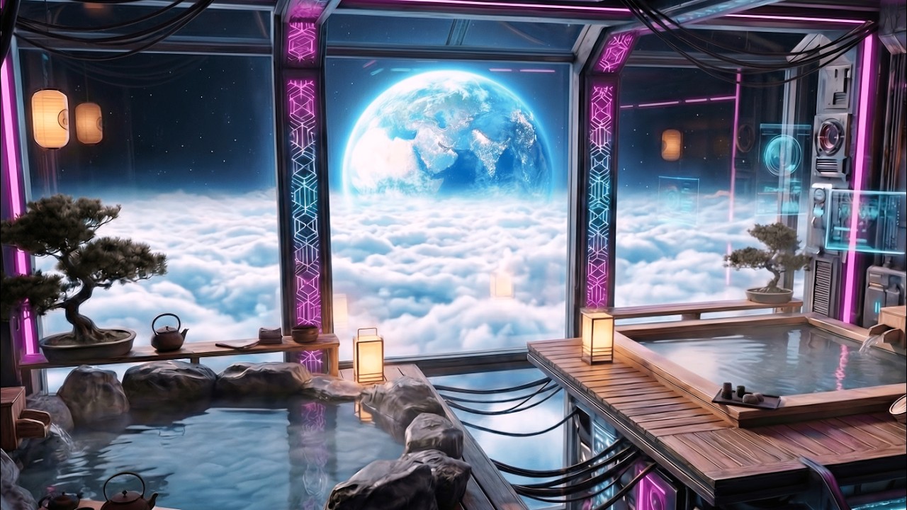 Cyberpunk Onsen Above the Clouds 🌌 | Japanese Ambient Music for Study & Deep Focus — 4K