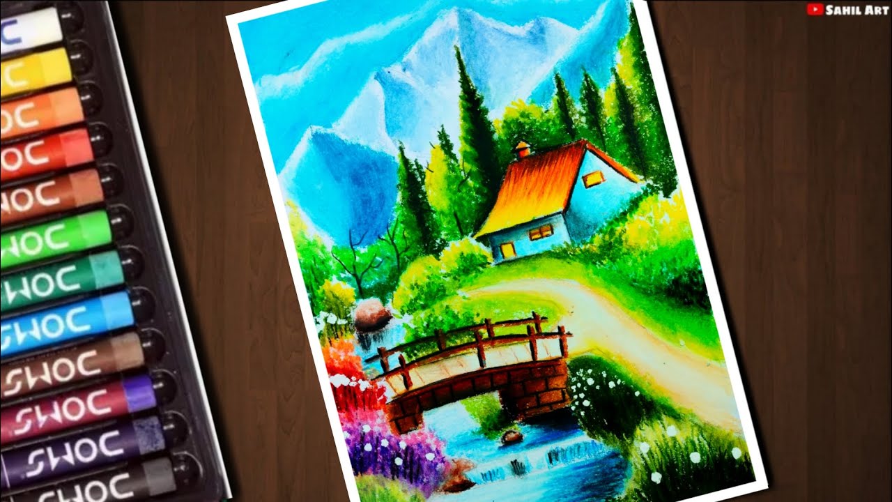 Как нарисовать горный деревенский пейзаж масляной пастелью | Sahil Art