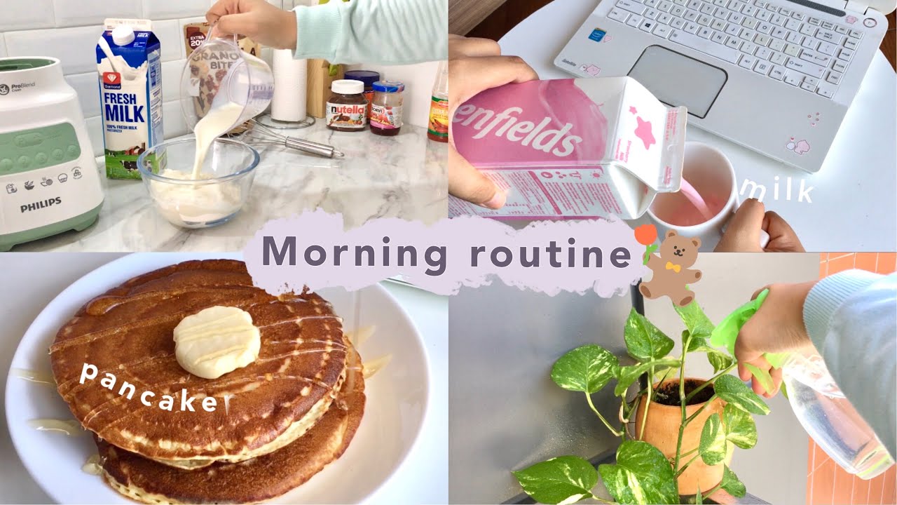 Morning routine : making pancake, online school,my plant🥞🍧🍀📚