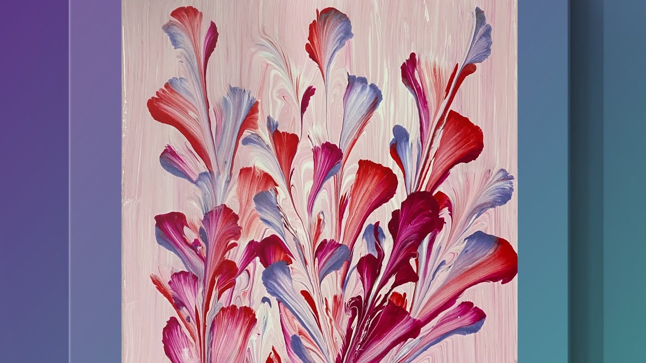 (721) Flowers, String Pull Painting Technique,  Paint Pouring