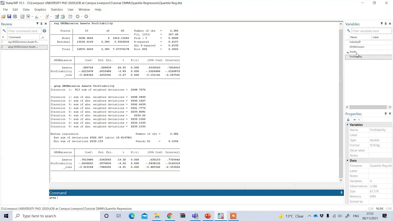 Performing a Quantile Regression in STATA