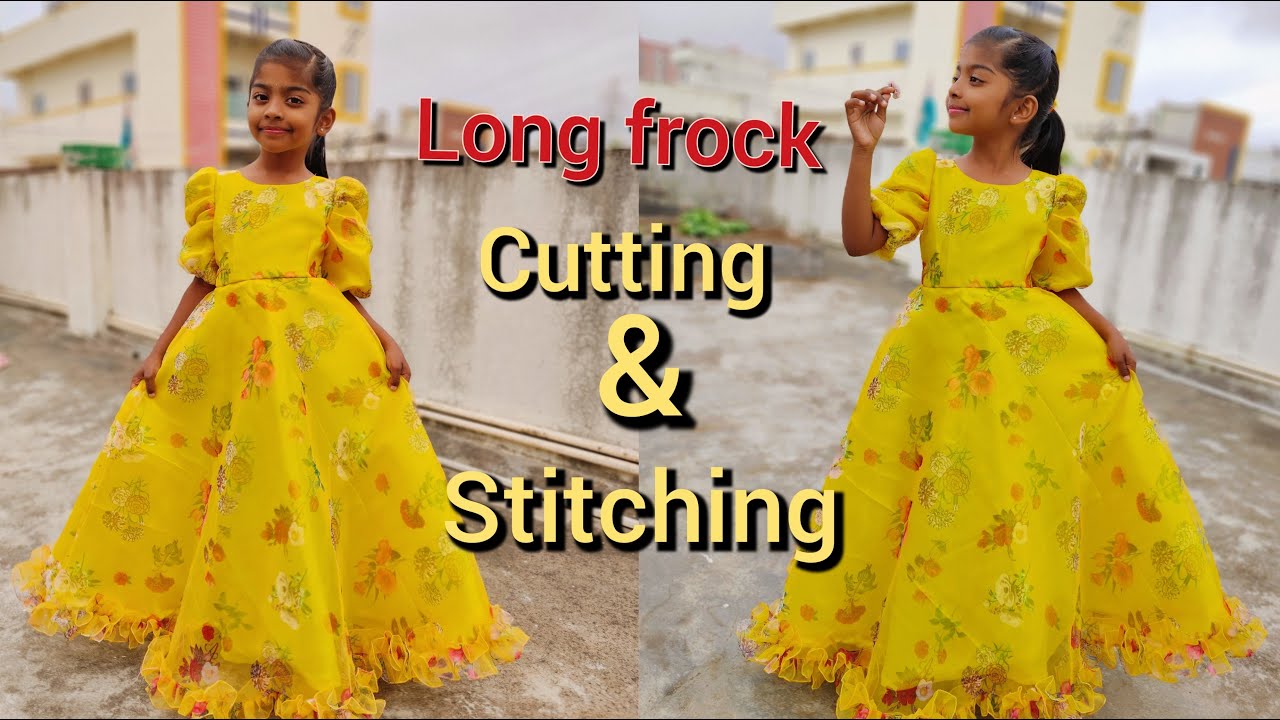 Long Frock Cutting And Stitching In Telugu||kids umbrella Gown|| Kids Long Frock\\Puff Sleeves