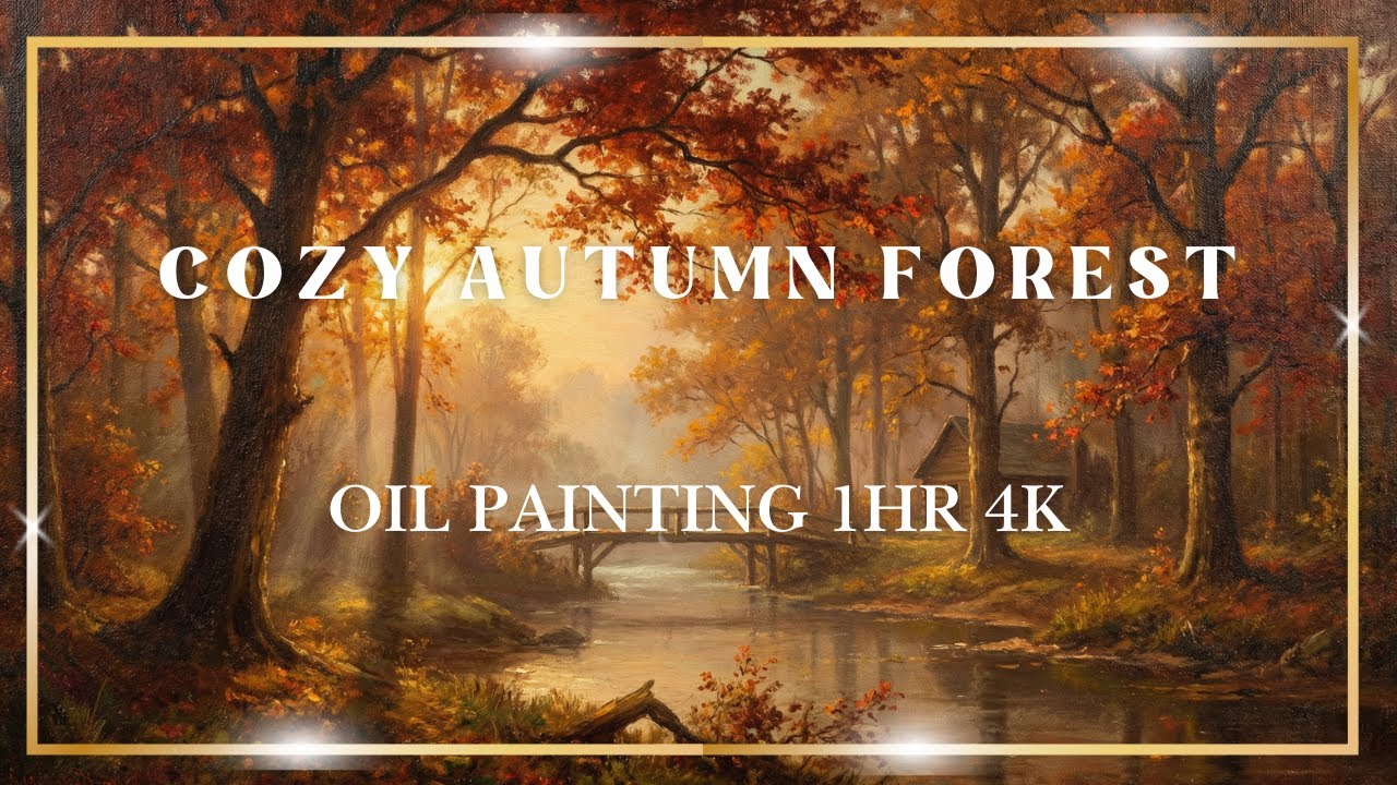 Autumn Forest River Oil Painting 4K (1HR) – Cozy Golden Sunrise | Relaxing TV Art