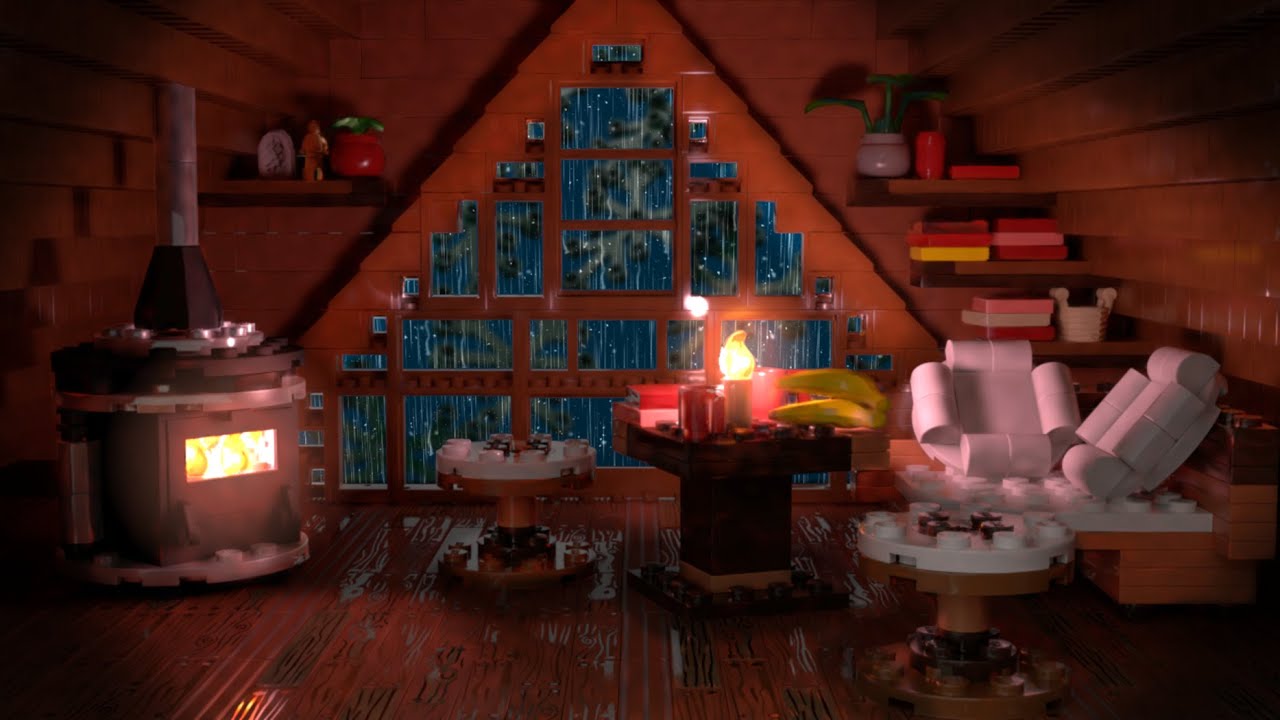 [LEGO] Cozy Cabin with Rain and Fireplace Sounds to Sleep, Relax, Study