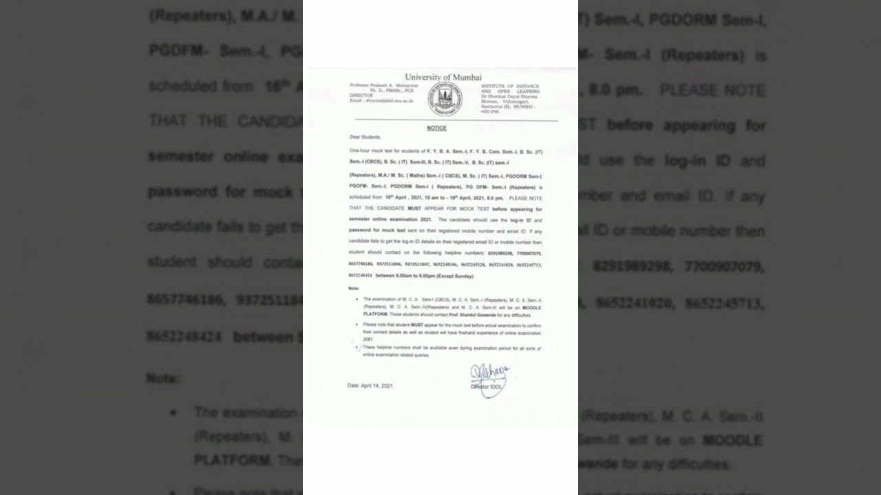 IDOL Mock Test Notification (16 -19 th April 2021 )|| Mumbai University - IDOL || #shorts