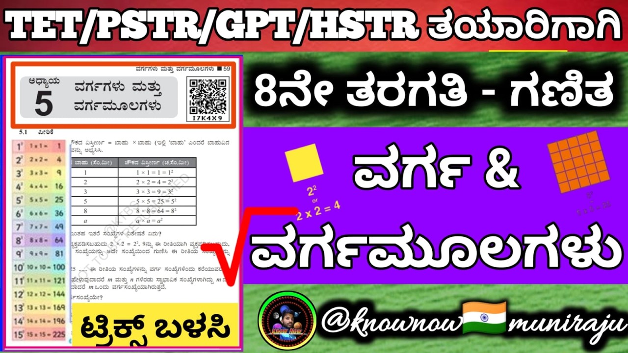 🎯TET/PSTR/GPSTR/HSTR-2026 :🔥 8ನೇ: ಗಣಿತ- ವರ್ಗ & ವರ್ಗಮೂಲಗಳು ²🪴