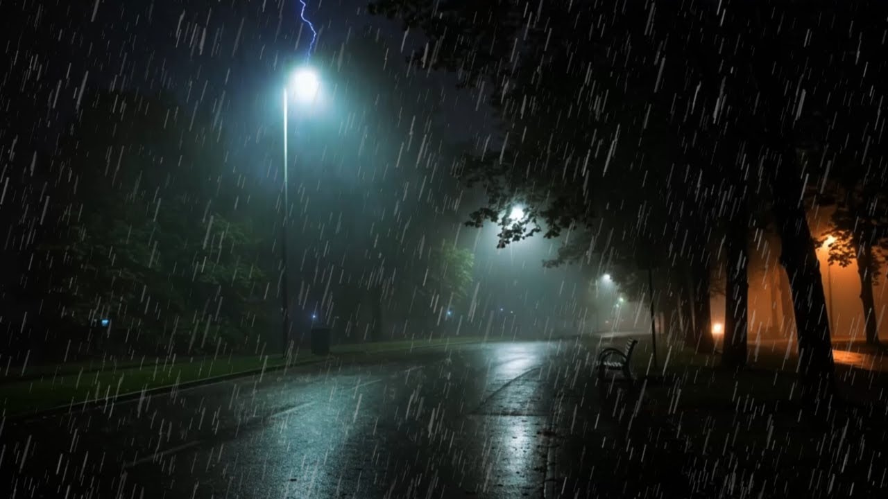 Heavy Rain Along a Motionless City Street for Calm Rest | Midnight Thunder ASMR