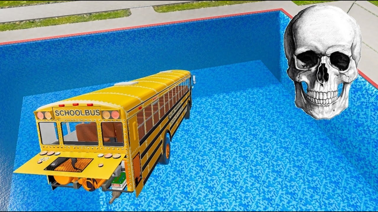 School Bus Down In Swimming Pools – BeamNG Drive Epic BMG Bus Crash Scene