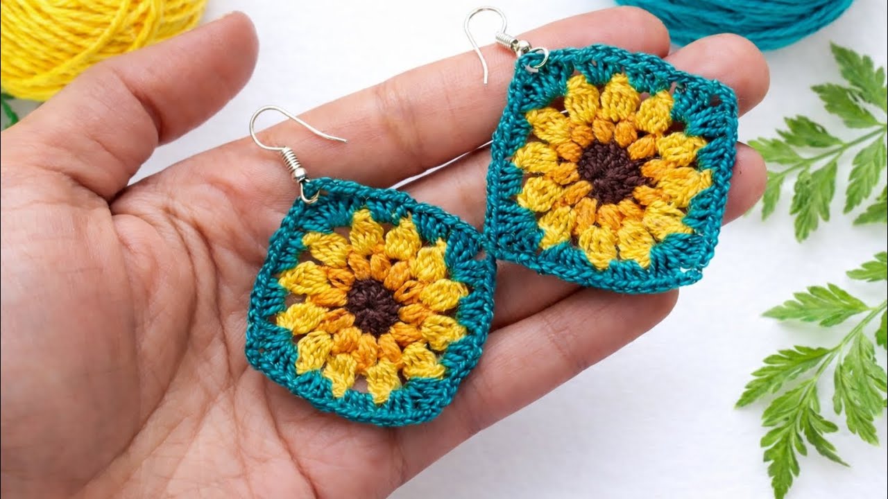 Crochet sunflower sunburst granny square earrings 