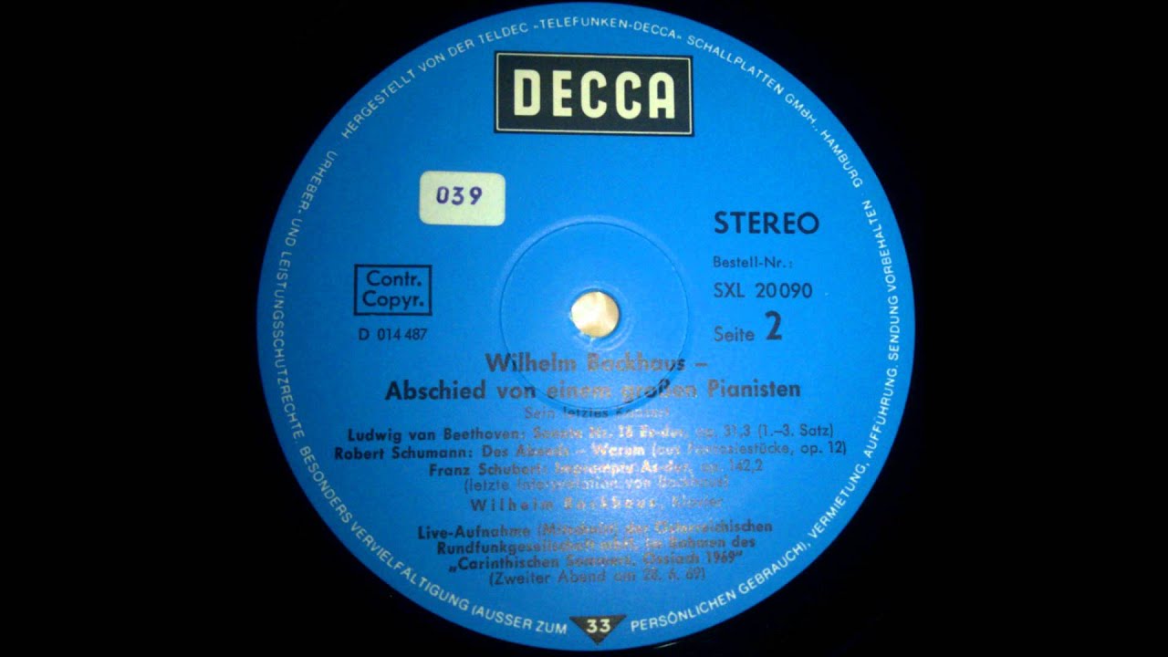 Wilhelm Backhaus´ last solo recitals from June 26/28, 1969 / Side 2