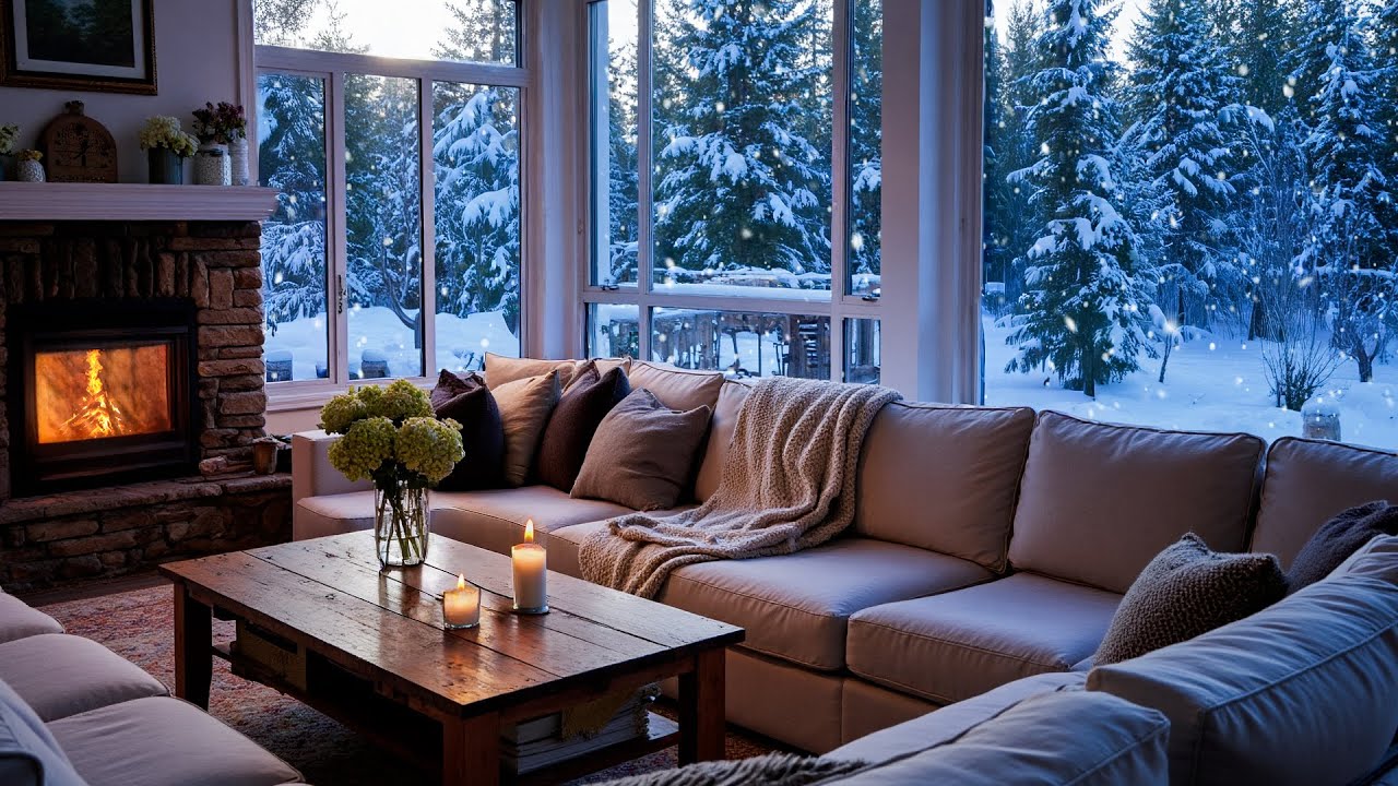 Cozy Winter Piano Night 🤍 | White Room, Snowy Window View & Fireplace Glow