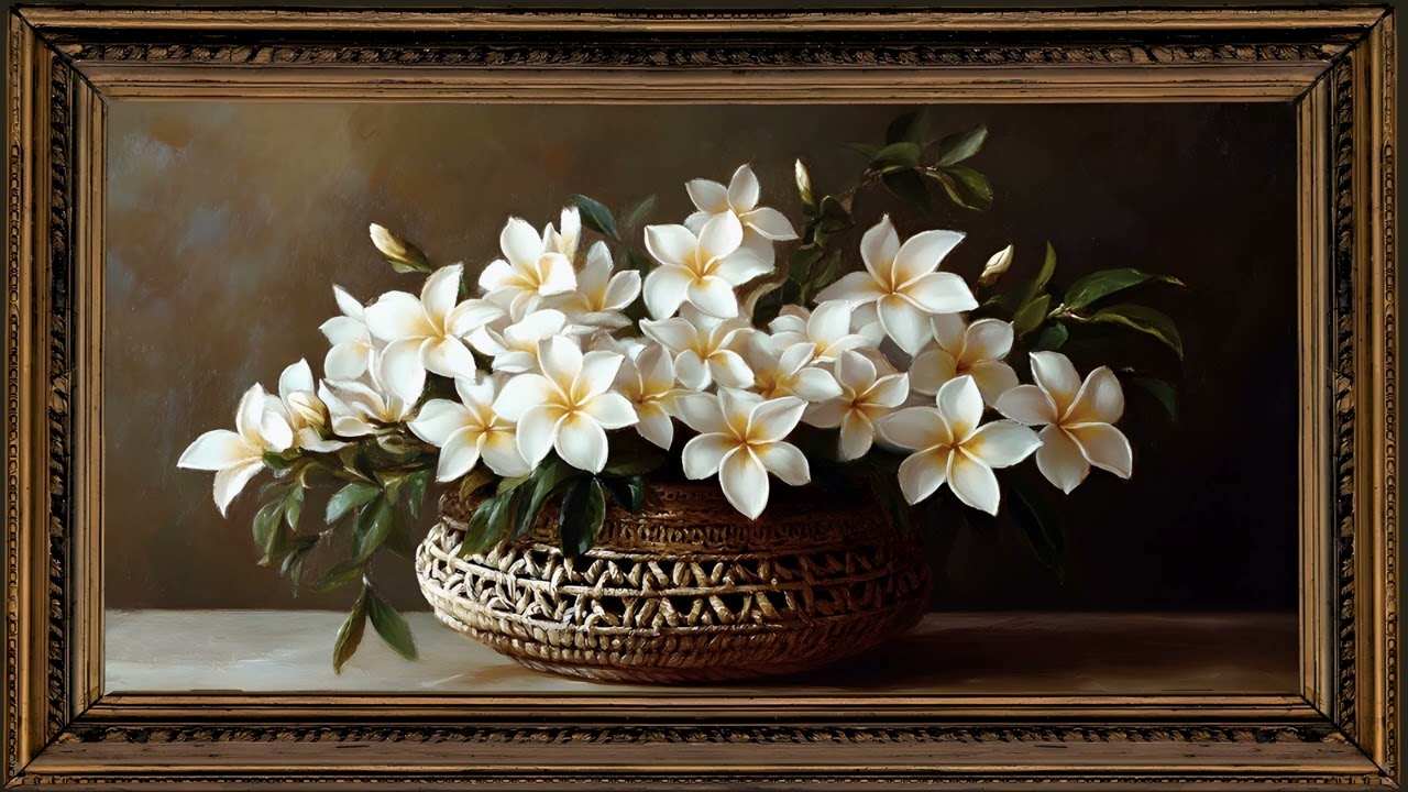 White Frangipani, Rustic Floral Still Life Oil Painting | Gold Framed Vintage Art Screensaver for TV