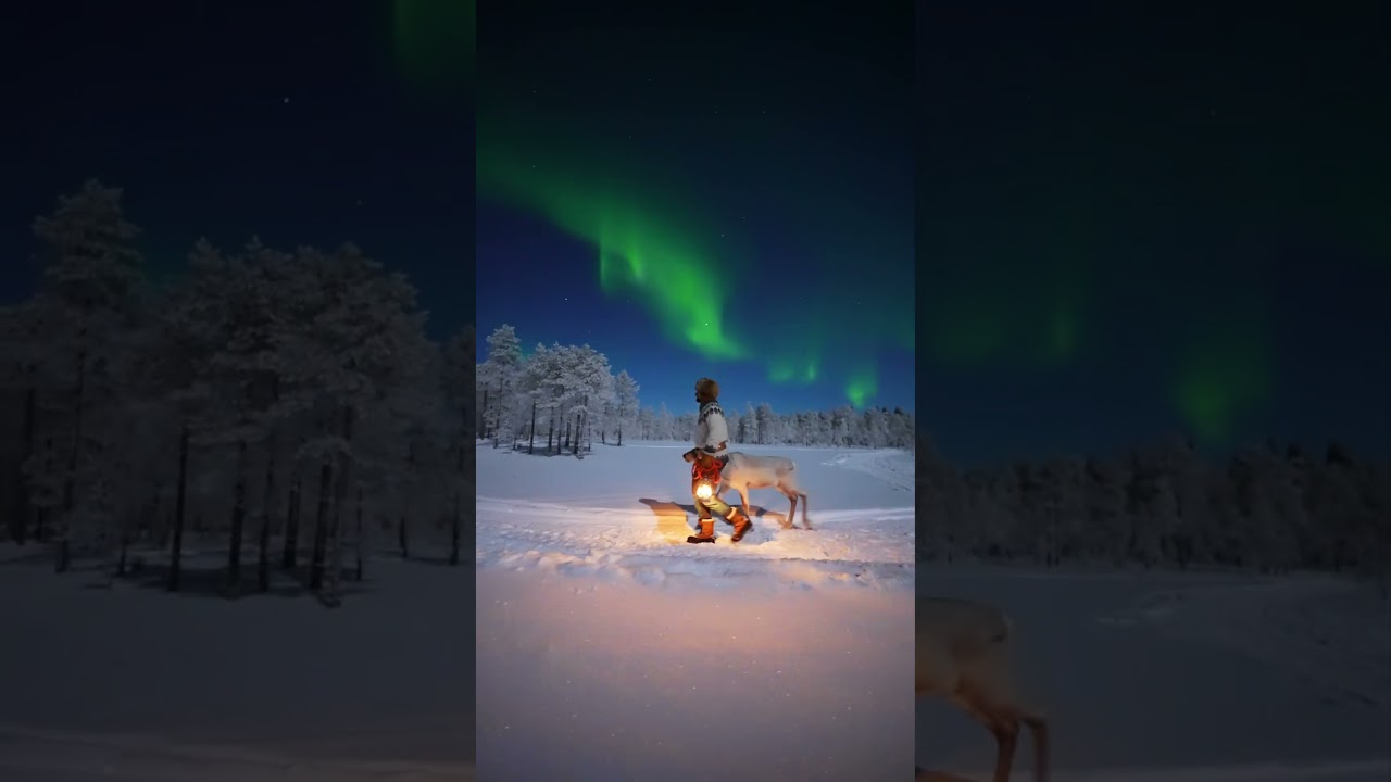Walking with the reindeer in the middle of snowy trees with northern lights is pure magic❄️✨#finland