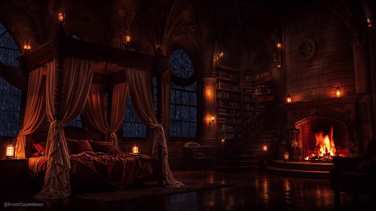 Dark Gothic Castle Bedroom - Cozy Rain & Fireplace Sounds