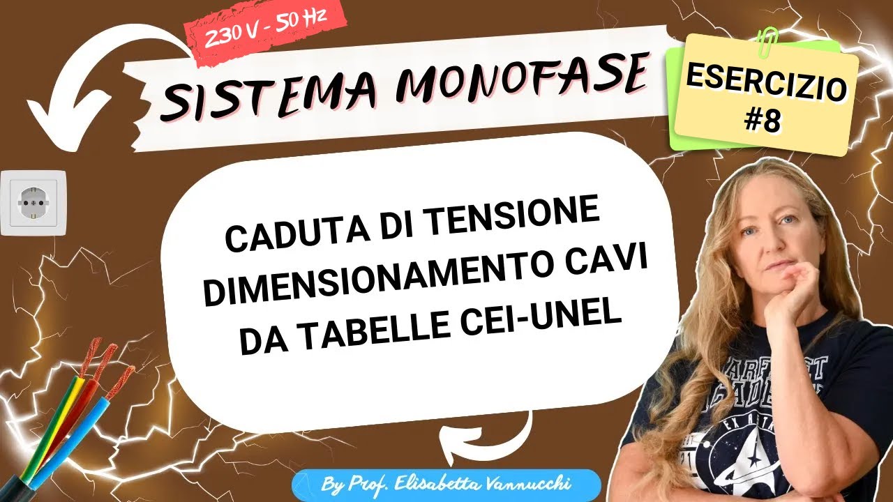 esercizio guidato caduta di tensione monofase, dimensionamento cavi bipolari da tabelle CEI