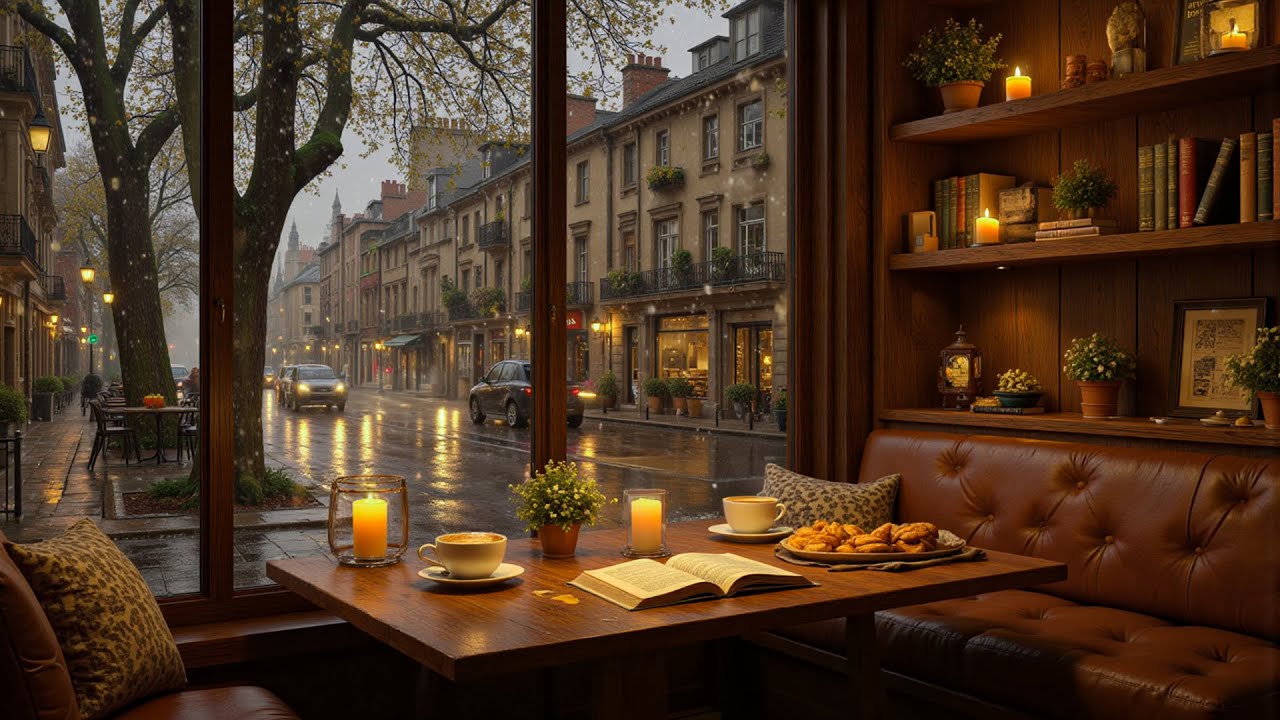 Warm Café Jazz on a Rainy European Street ☕ Cozy Coffee Shop Ambience for Focus & Positive Mood