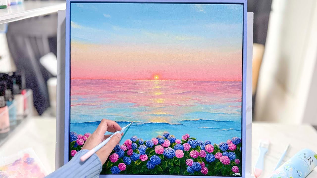 Relaxing Pastel Sunset Seascape painting with acrylic / 