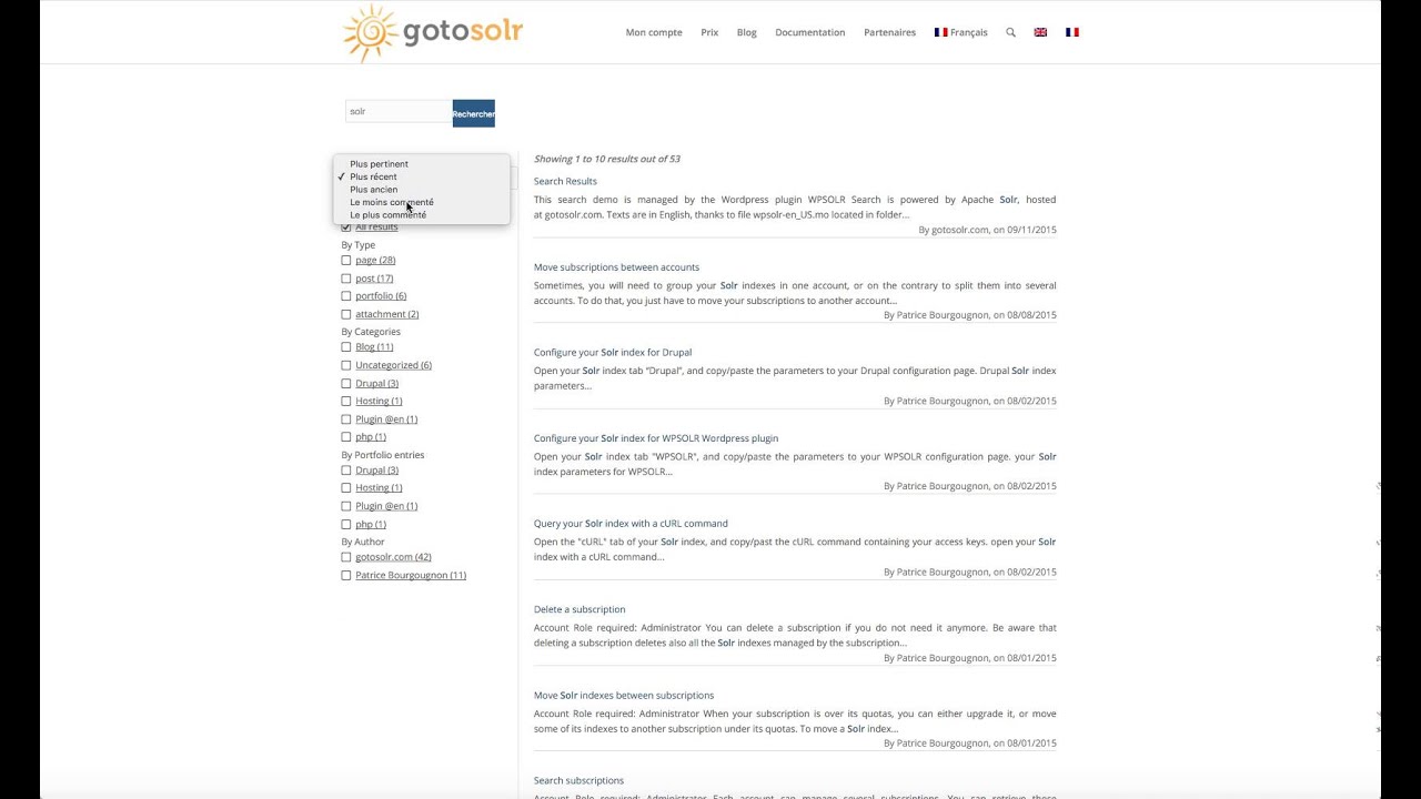 Live demo of a  Multi-language, multi-facets WordPress (WPSOLR plugin)