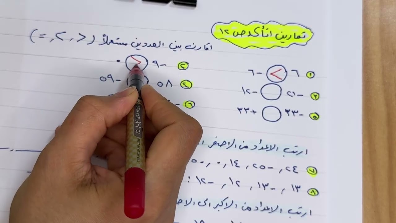 رياضيات السادس الابتدائي مقارنة الاعداد الصحيحة وترتيبها + تمارين اتأكد/ احل/ أفكر 
