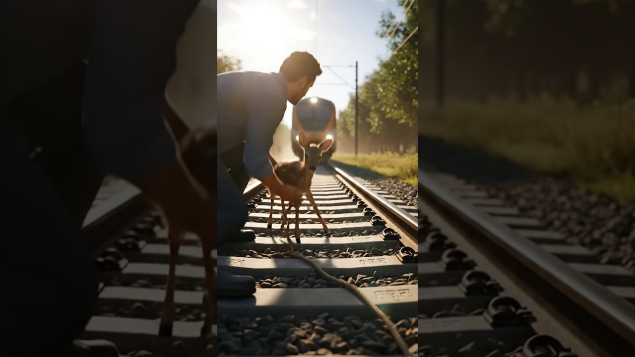 Dramatic Rescue on Railway Track | Man Saves Deer Just Before High-Speed Train Passes #train #rescue