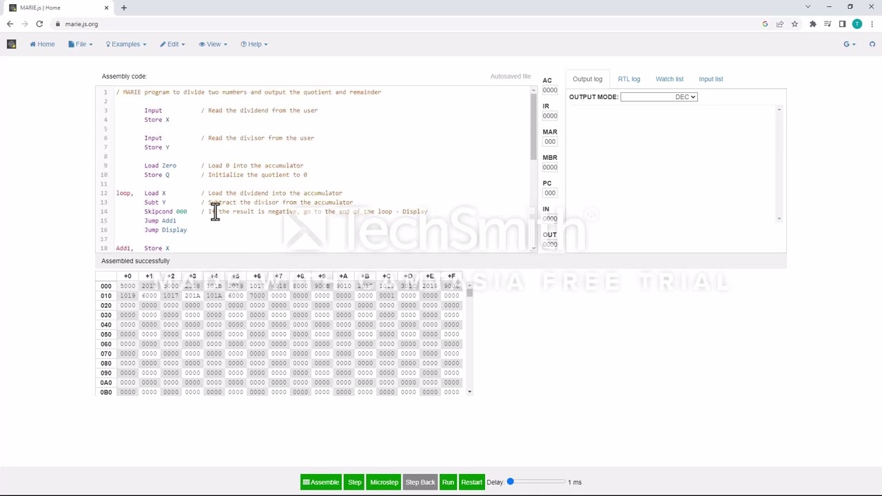 Programming with MARIE Simulator - Division - Take two Numbers and output Quotation and Reminder