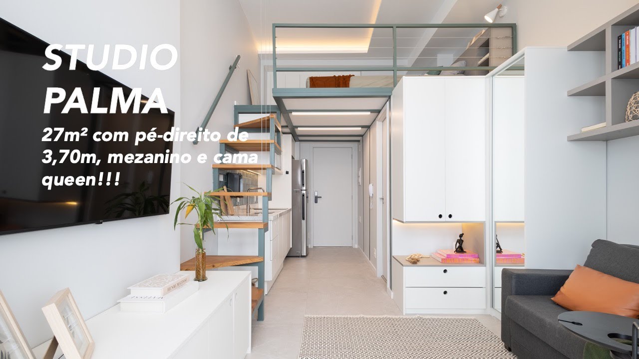 Tour completo pelo Studio Palma | 27m² com pé-direito de 3,70 e mezanino!!!