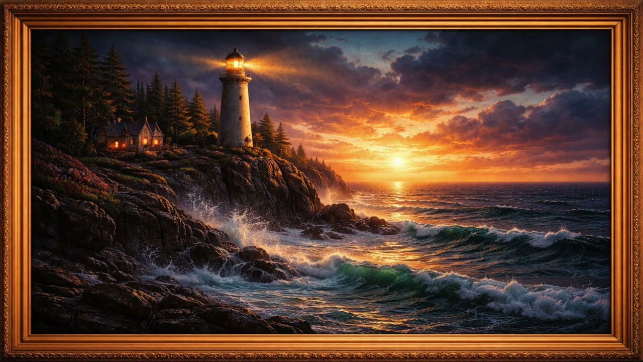 Golden Lighthouse at Sunset / Cinematic Ocean Waves / 1 hour TV Frame Art