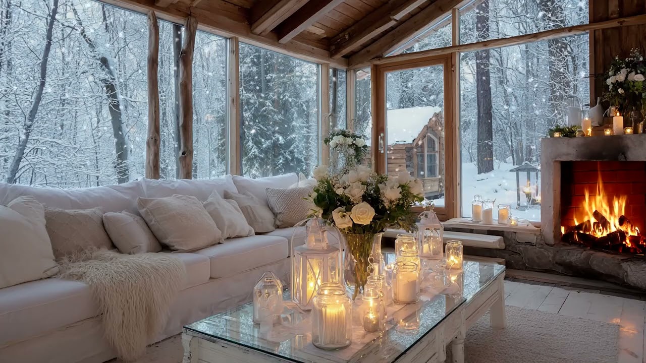 🕯️❄️ Cozy Winter Piano Lounge | Fireplace Warmth with Snowy View · 5 Hours | Sleep Study Calm