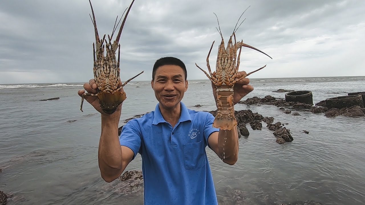 大浪将海里大货冲上岸，大叔连抓两只锦绣龙虾，激动的大叫发财了