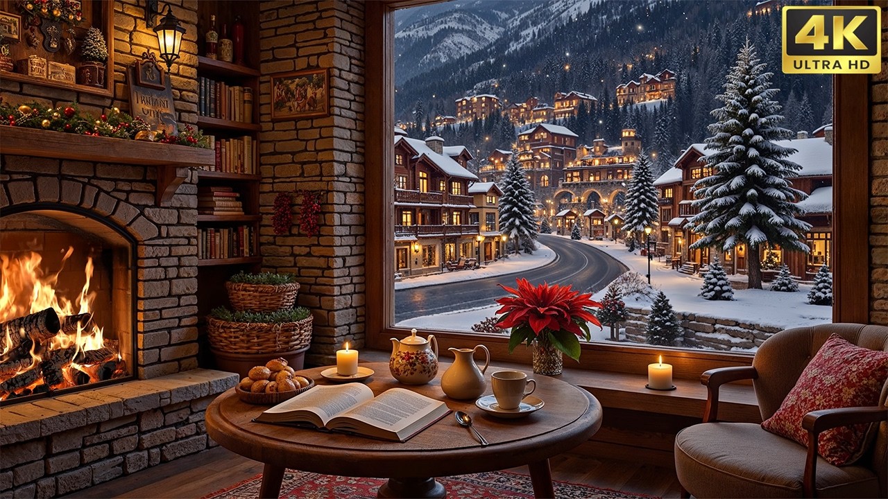 Beautiful Winter Coffee Shop Ambience ❄️ Gentle Jazz Piano & Fireplace Sounds for Relax, Study, Work
