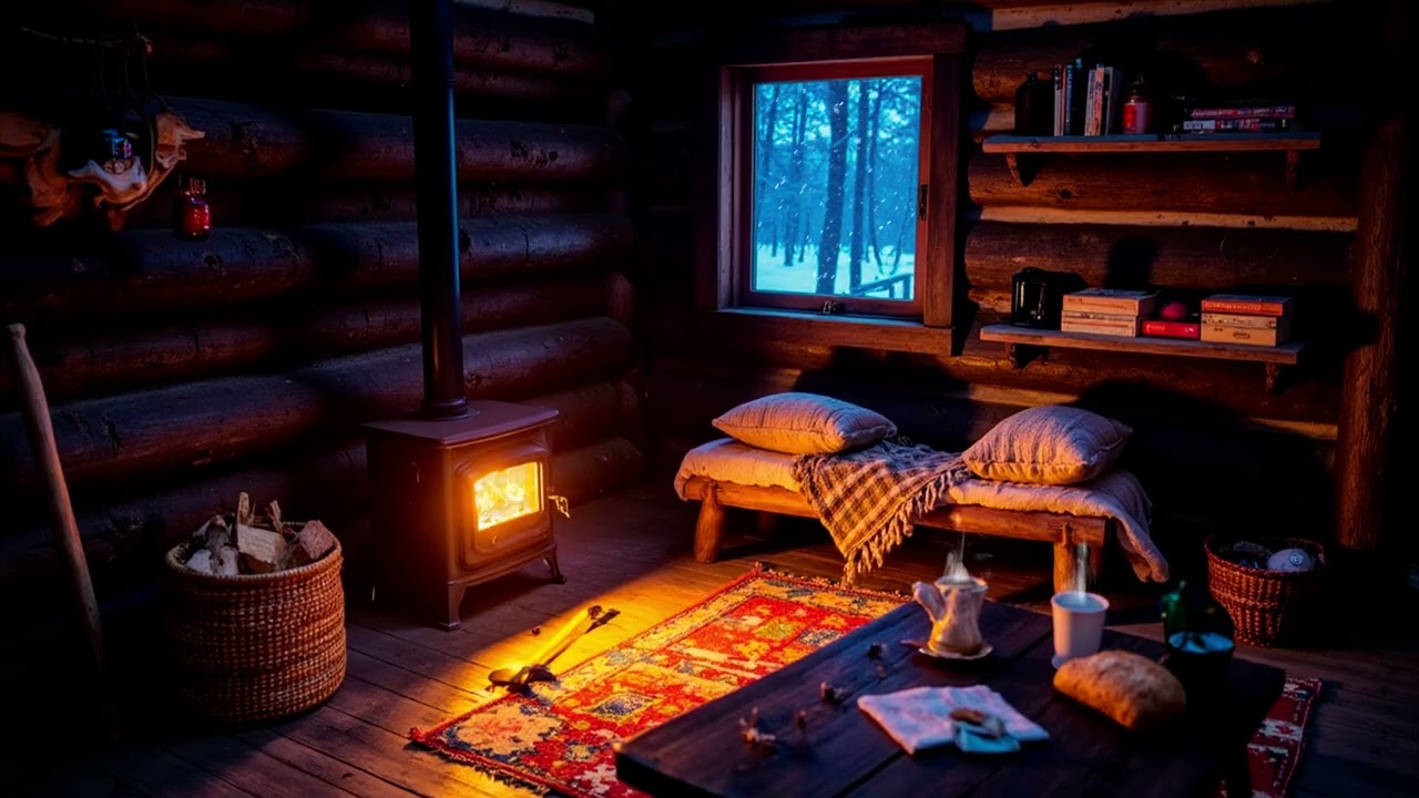 Quiet Winter Night in a Wooden Cabin | Soft Fireplace Crackling & Natural Sleep Ambience