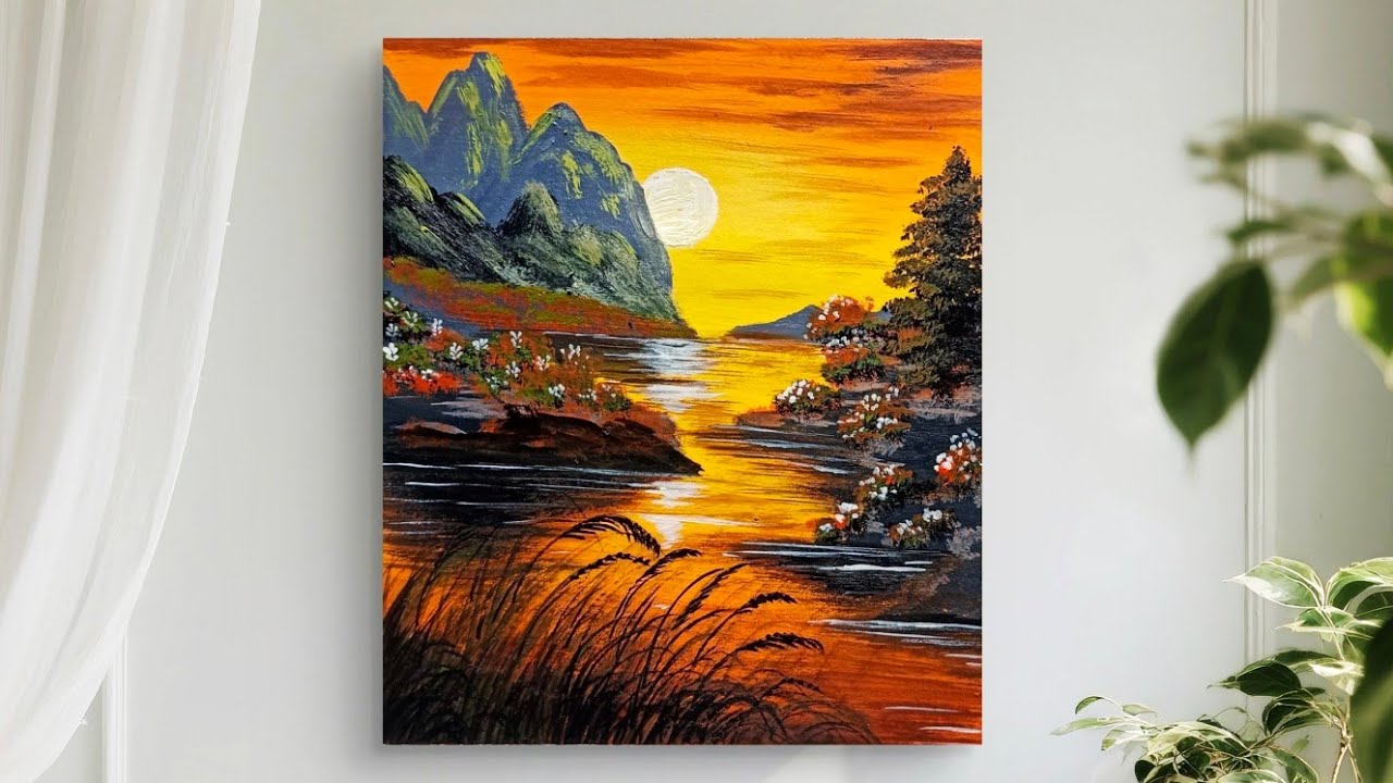 Easy Sunset Painting / Sunset Lake Painting / Sunset Acrylic Painting Tutorial For Beginners 