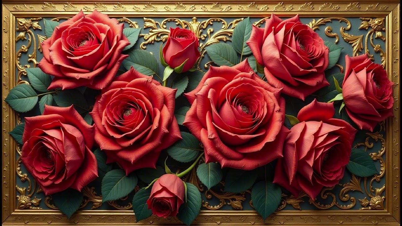 4K Floral Art Screensaver For Your Tv Elegant Red Roses Gold Framed Wallpaper Background Samsung