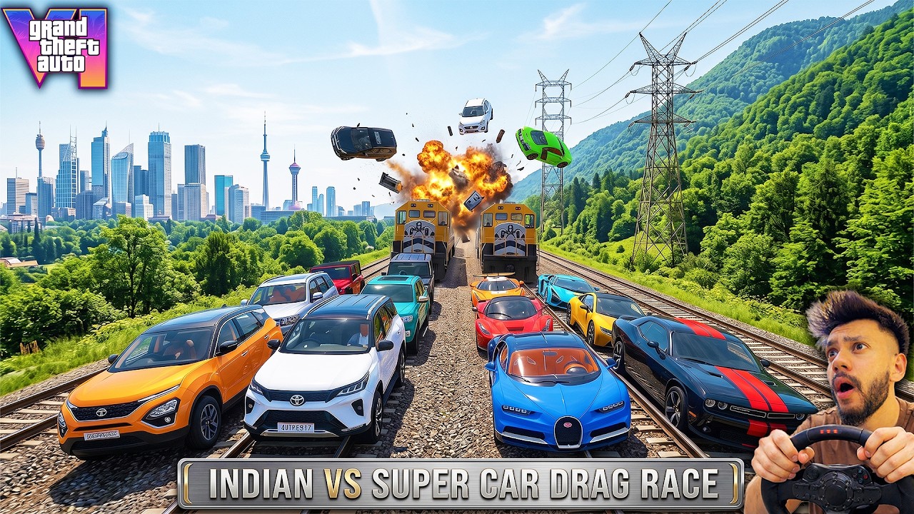 GTA 5 Powerful Super Cars🚀 Vs Indian Cars Train Track🔥 Drag Race GTA 5