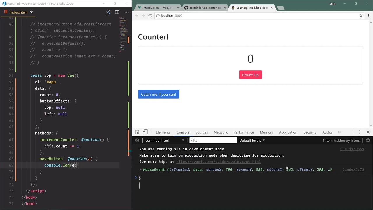 Getting Started with Vue.js: #12 Vue Events - Build a Crazy Button