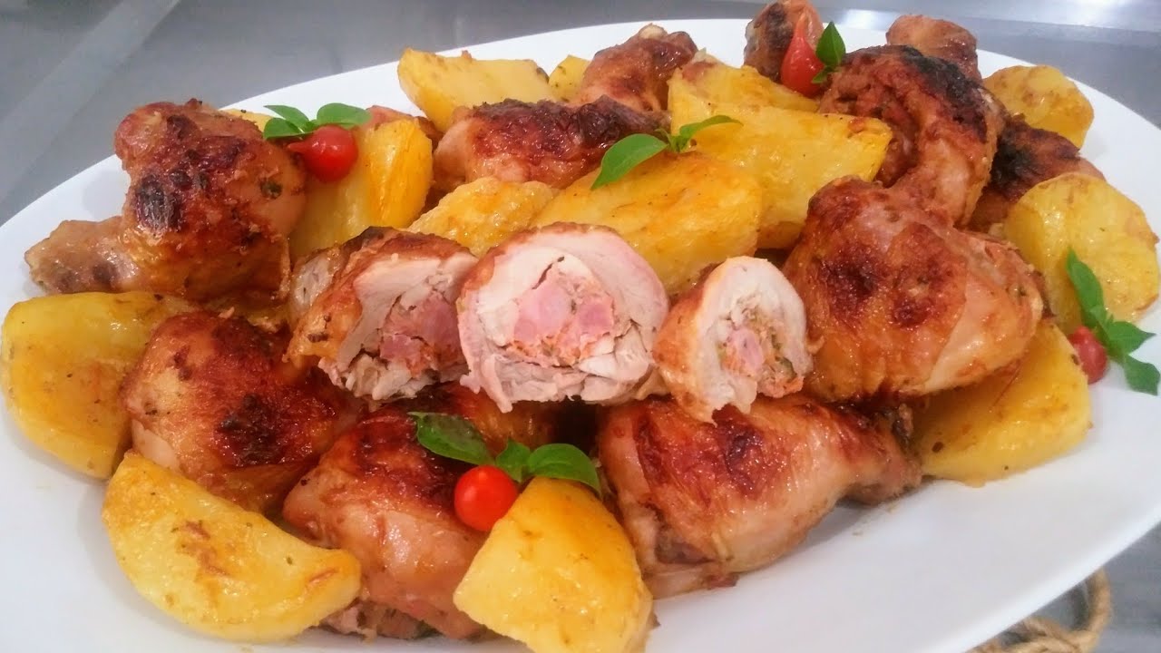 COXAS DE FRANGO RECHEADAS E BATATAS AO FORNO