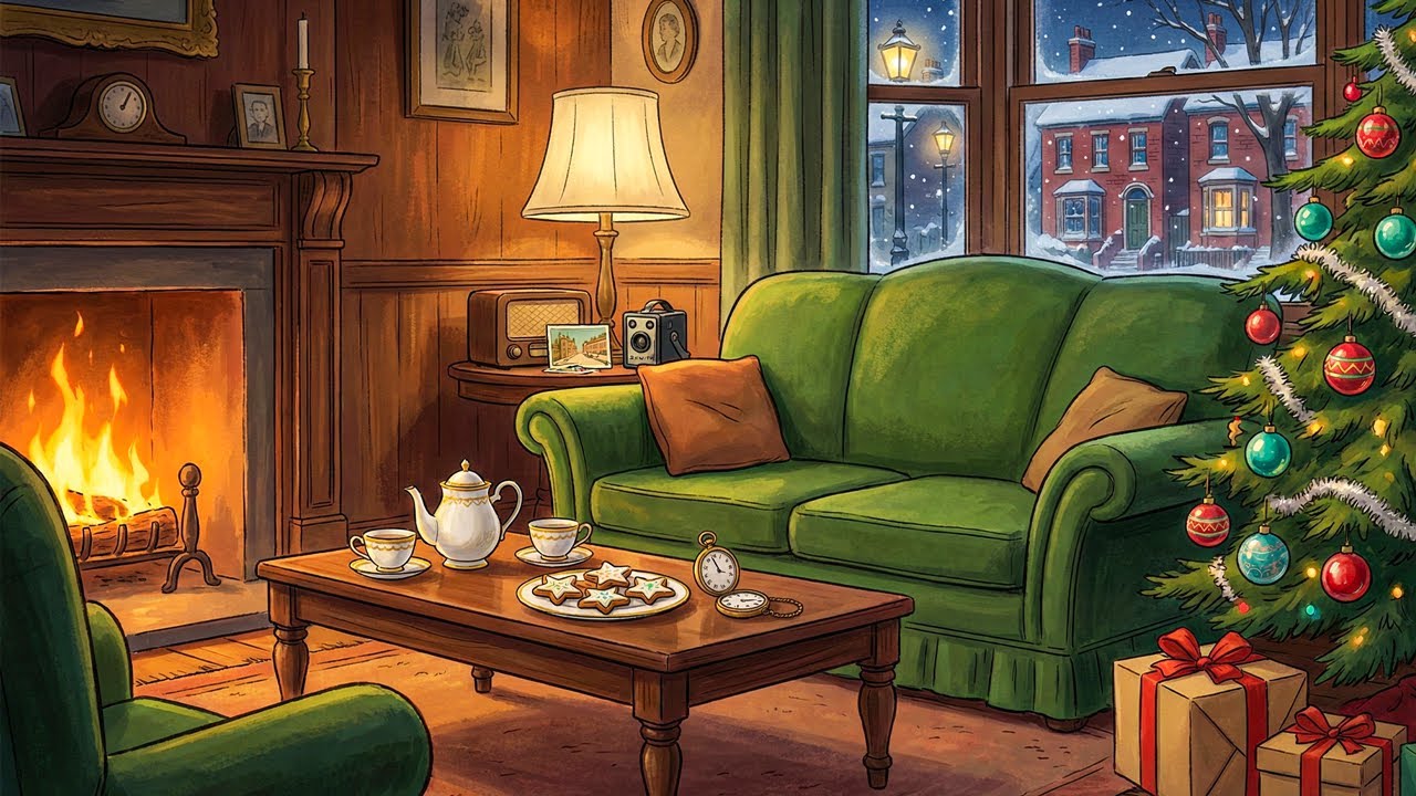 Cozy snowy 1940s Christmas night in a New York city with nostalgic oldies playing in another room