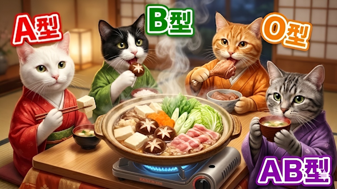【血液型あるある】猫たちのほっこり鍋パーティー🍲🥢🔥【こむぎの猫】