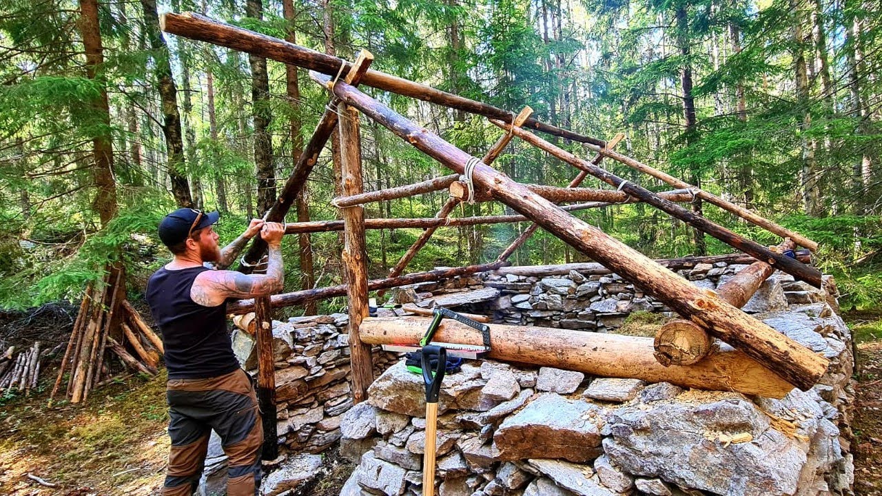 Building a Complete and Warm Bushcraft House in the Wilderness - From Start to Finish - ASMR