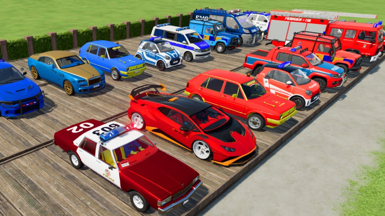 TRANSPORTING CARS, AMBULANCE, POLICE CARS, FIRE TRUCK OF COLORS! WITH TRUCKS! - FS 22