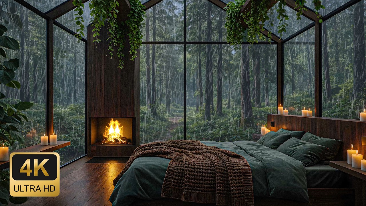 Rain Sounds and Crackling Fireplace | Romantic Jazz Music | 4K Sleep & Study Ambience