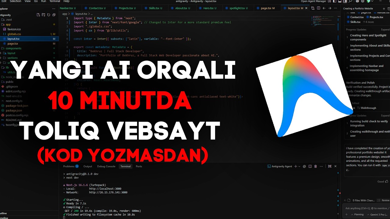AI Orqali Vebsayt Yaratish: Kod Yozmasdan 10 Minutda Sayt Yaratish (2026) Google Antigravity